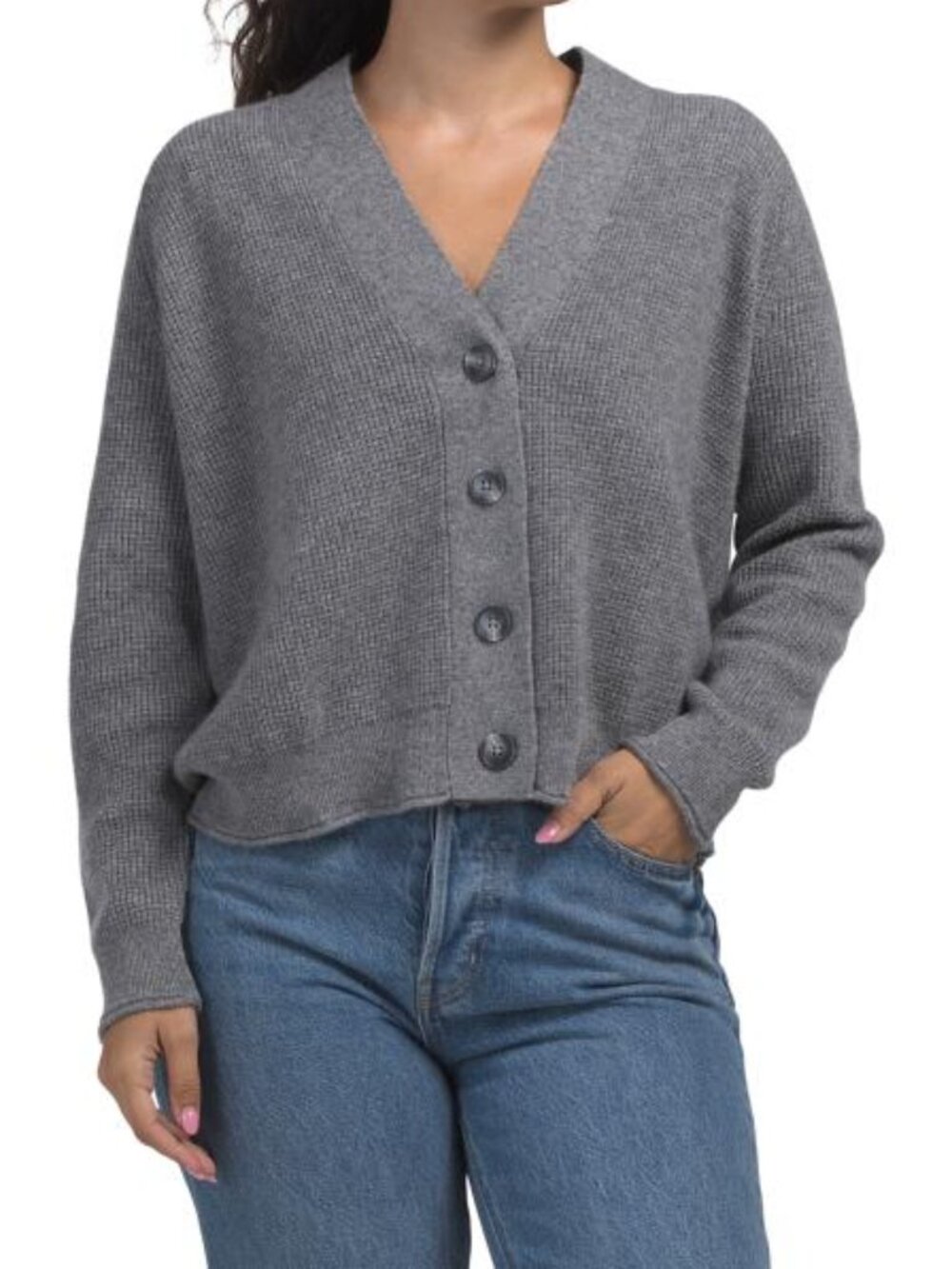 JASON WU Cashmere Long Sleeve Waffle Knit V Neck Cardigan